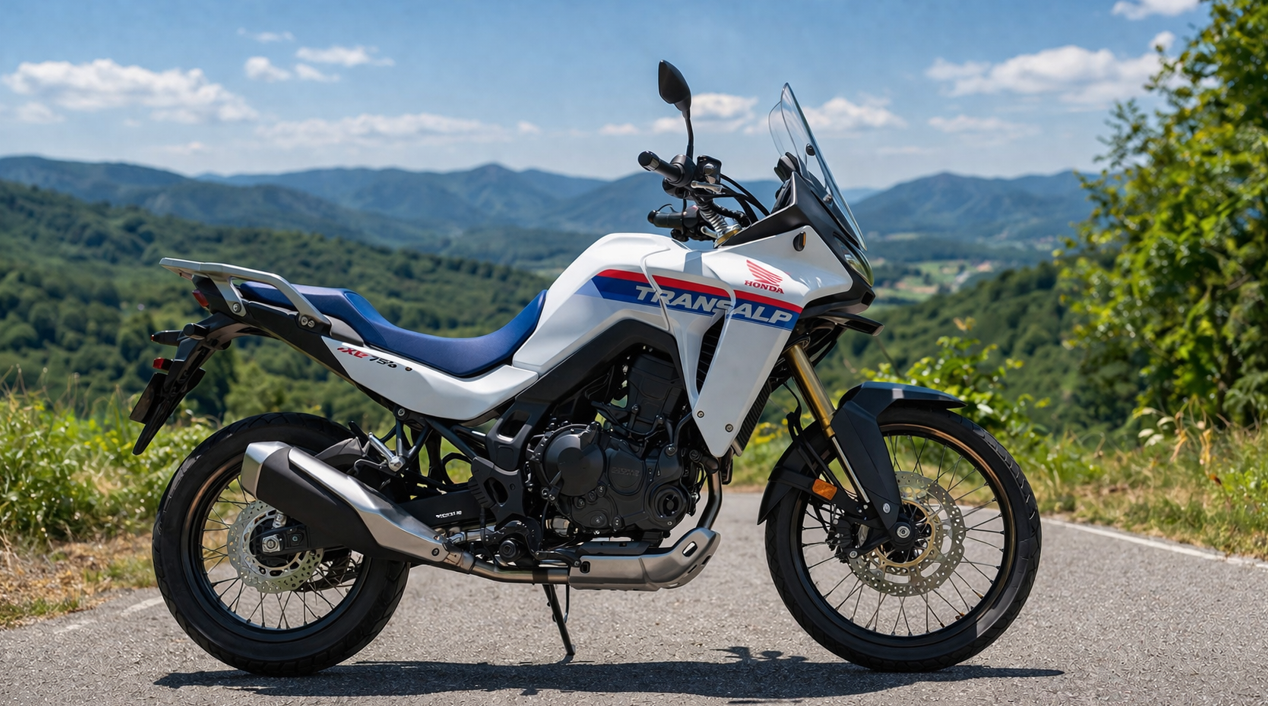 田舎道に停車したXL750トランザルプの左側ビュー画像。車体全体とシート高のイメージが伝わる実車風カット