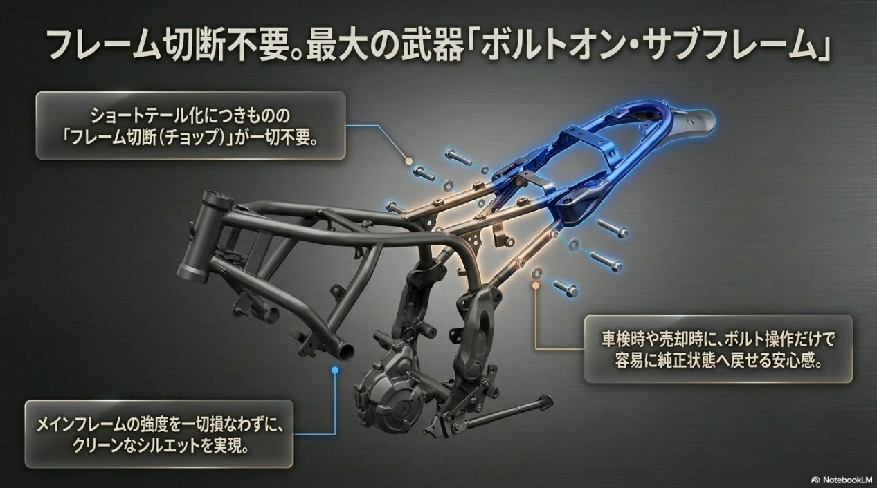 ショートテール化に有利なXSR700のボルトオン・サブフレーム構造の図解