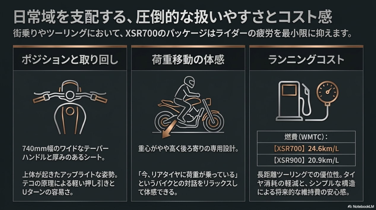 XSR700の日常域での扱いやすさを、ポジション、荷重移動、WMTC燃費の観点から整理した図解
