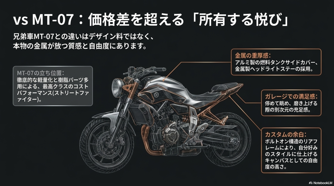 XSR700とMT-07の違いとして、アルミパーツの質感、所有する喜び、カスタムの自由度を示した図解