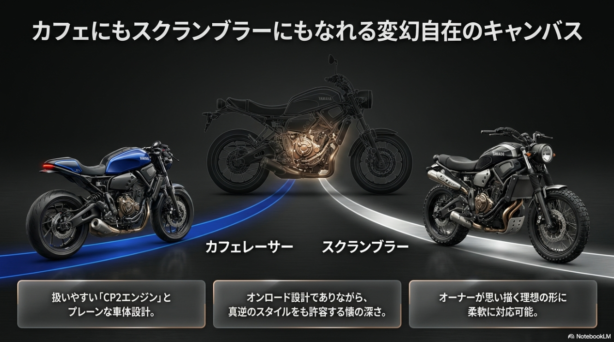 CP2エンジンとプレーンな車体設計がもたらすXSR700のスタイルの多様性