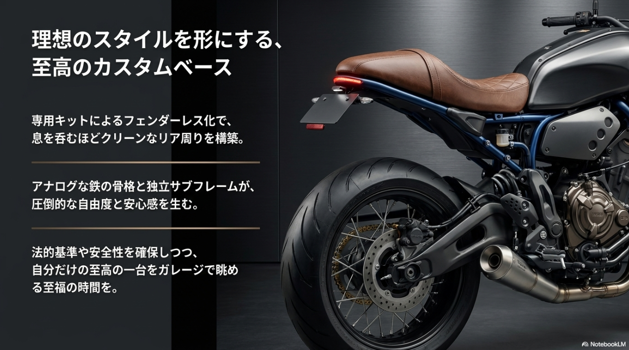 クリーンなリア周りを構築したXSR700カフェレーサーの美しい後ろ姿