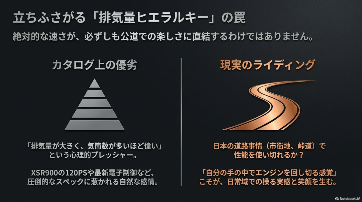 排気量や気筒数の優劣だけでなく、日本の公道で性能を使い切れるかを比較する図解