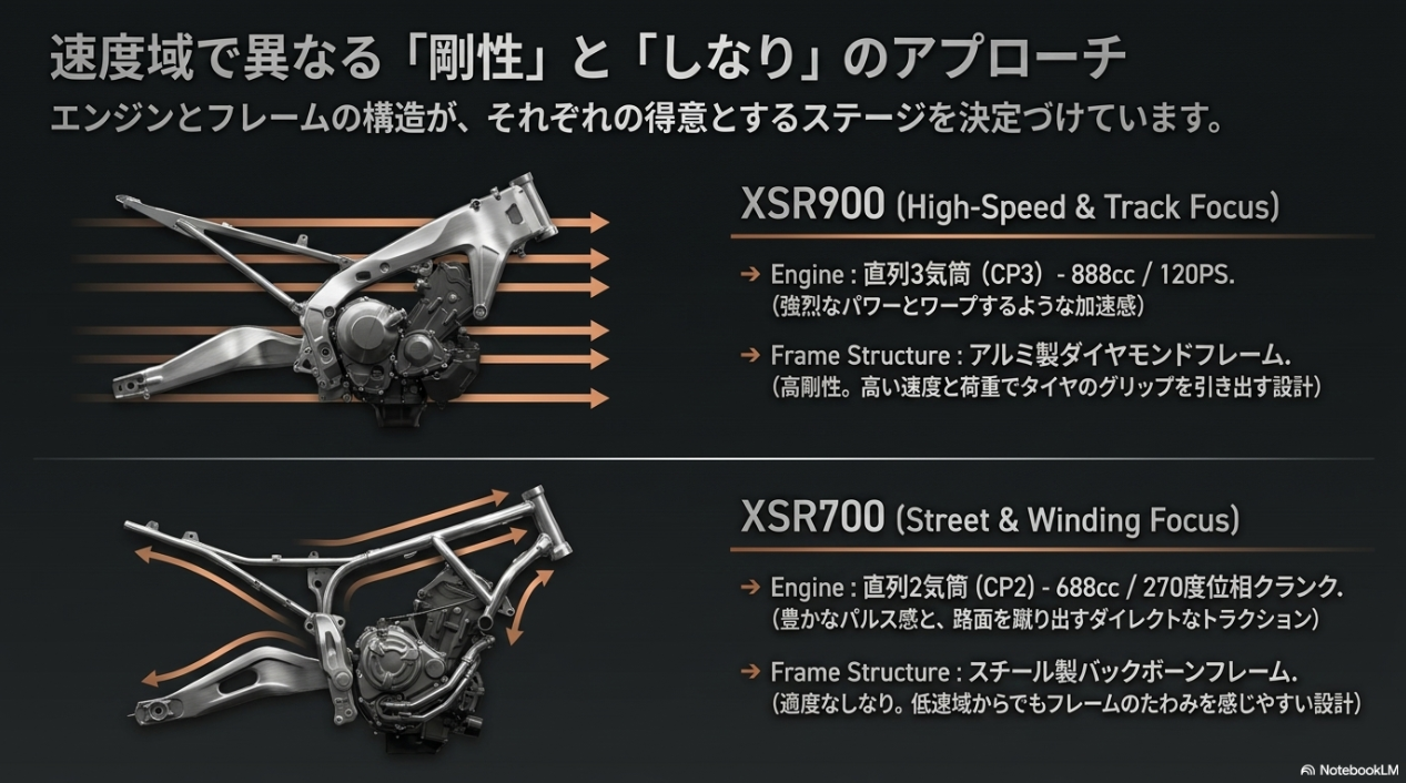 XSR900のCP3エンジンとアルミフレーム、XSR700のCP2エンジンとスチールフレームの違いを比較した図解