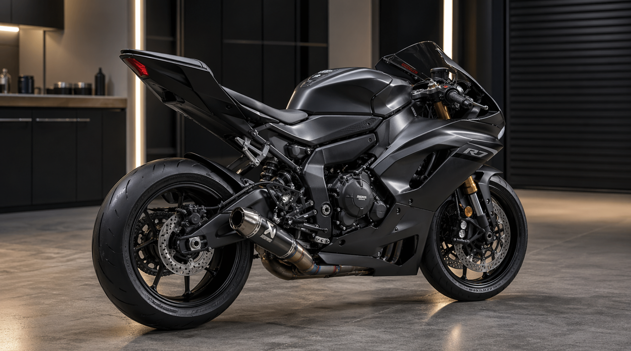 ガレージで右後方から捉えた、カスタム仕様のヤマハ YZF-R7のフォトリアルな写真。