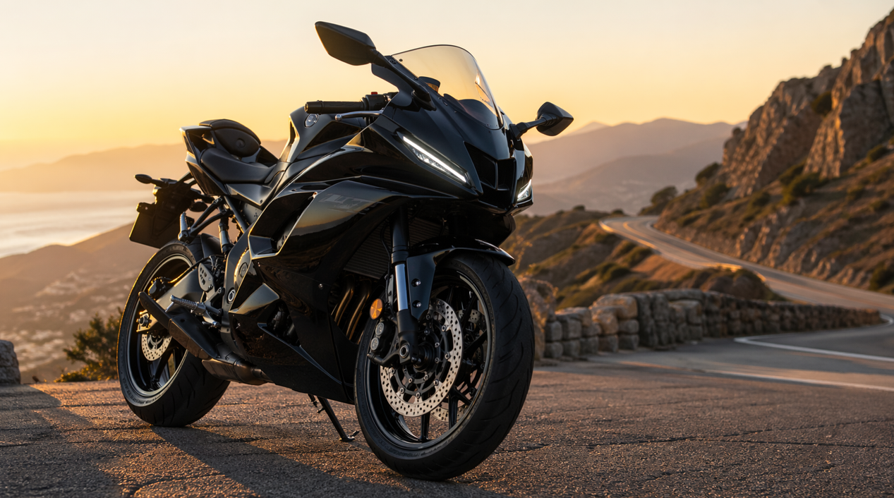 夕暮れの山道の展望スポットに停車したヤマハ YZF-R7を、低いフロント3/4アングルから捉えたフォトリアルなヒーローショット。