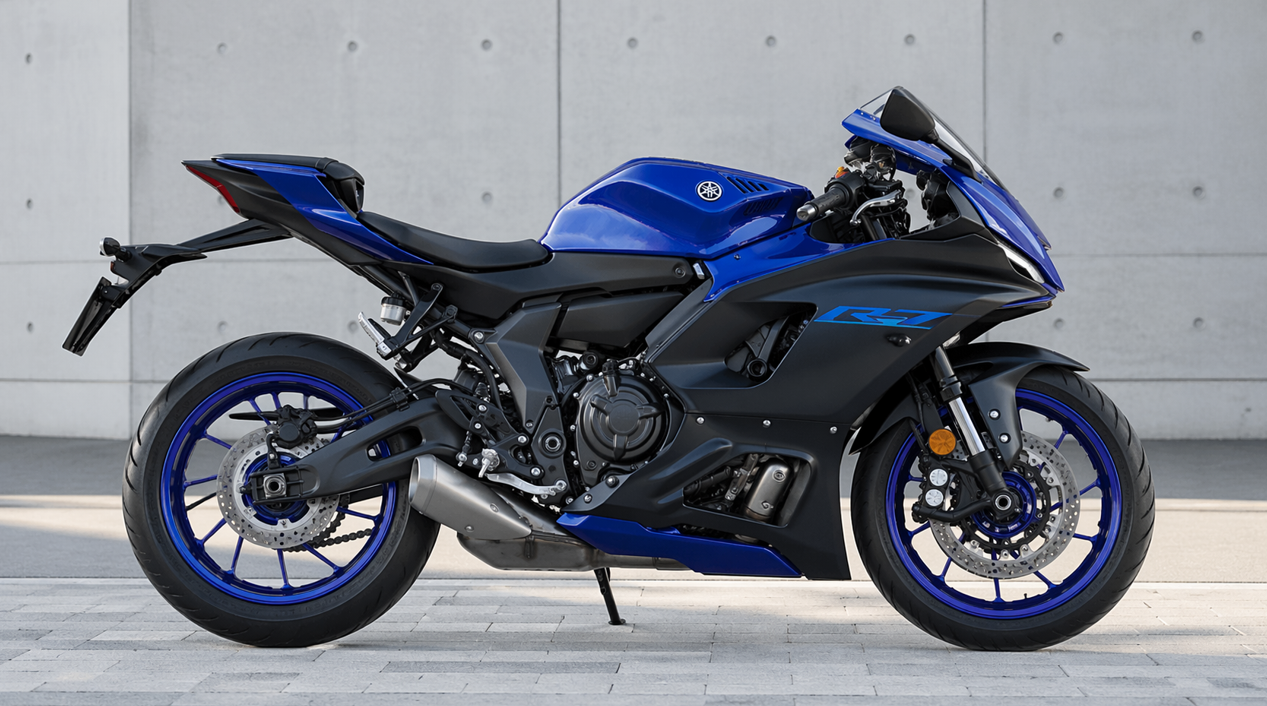 コンクリート壁を背景に、ヤマハ YZF-R7を左側から真横に捉えたフォトリアルな写真。青と黒の車体全体が見え、スリムなボディとスポーティな存在感が際立っている。