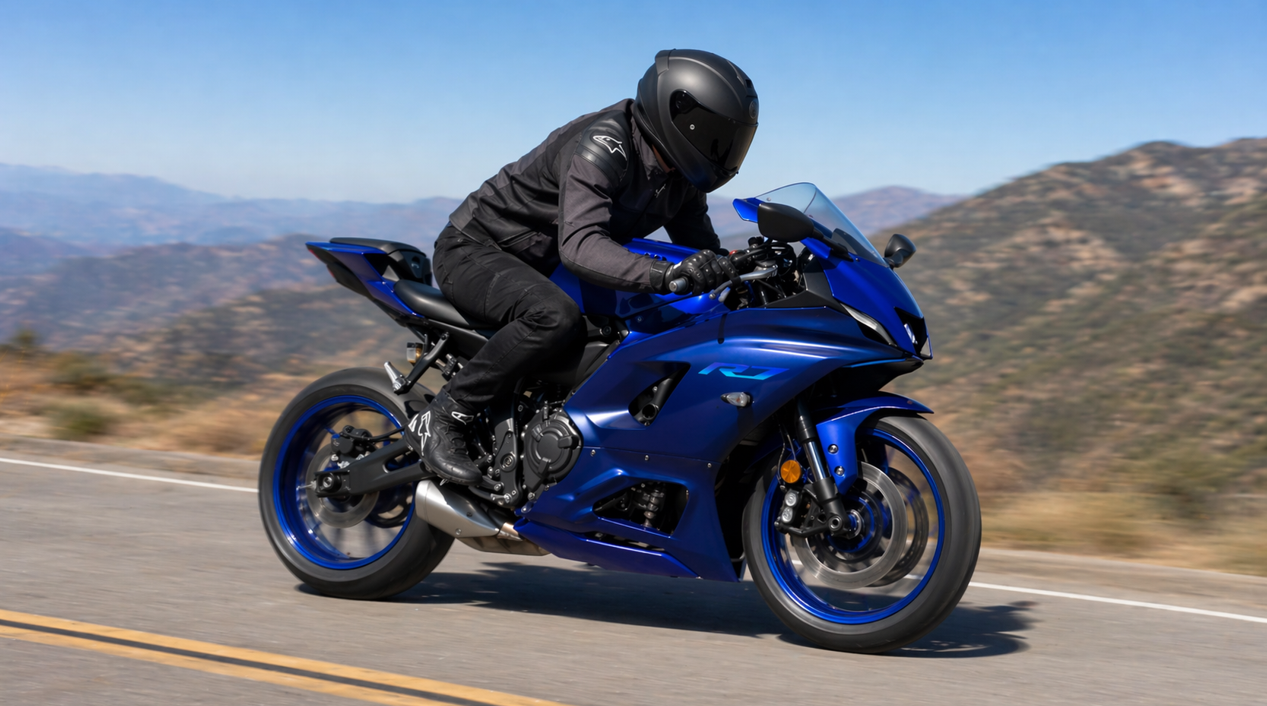 山道を走るヤマハ YZF-R7にライダーが前傾姿勢で乗る、スピード感のあるフォトリアルな写真。