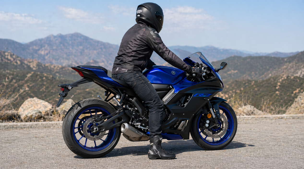 停車したヤマハ YZF-R7にまたがるライダーの足つきを、横後方から分かりやすく示したフォトリアルな写真。