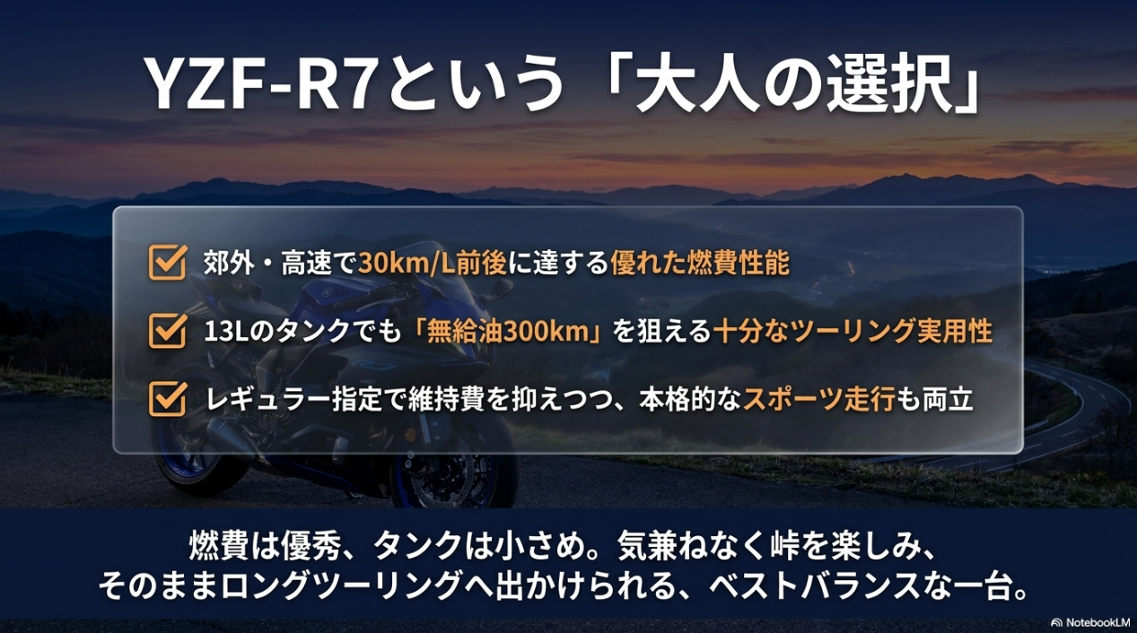 優れた燃費性能とツーリング実用性を兼ね備えたYZF-R7のベストバランスな魅力