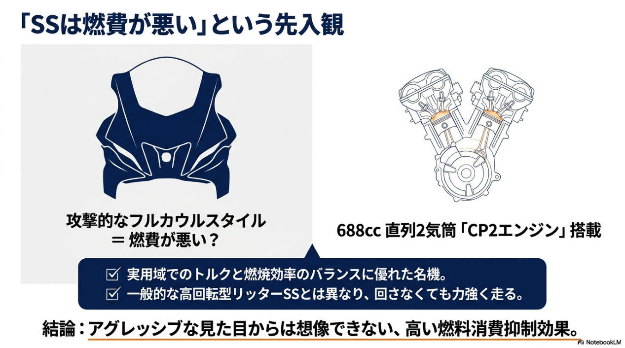 YZF-R7に搭載されている688cc直列2気筒CP2エンジンと、実用域での高い燃料消費抑制効果