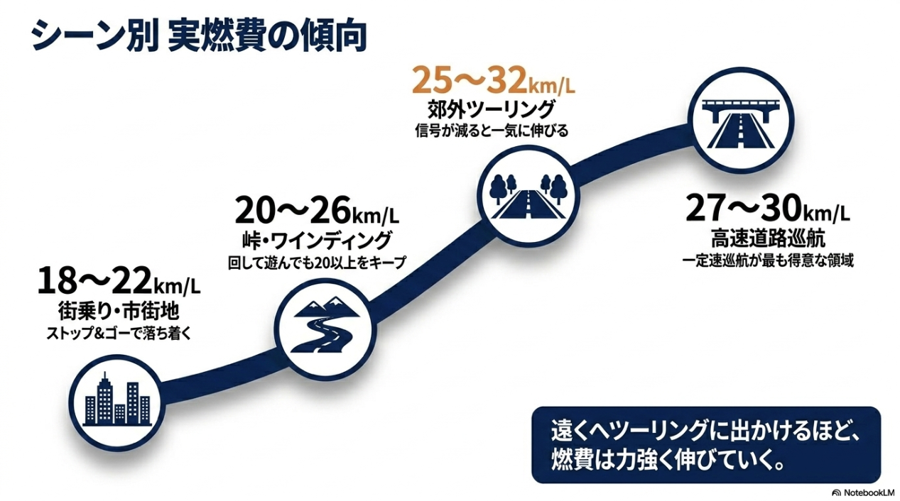 YZF-R7のシーン別実燃費の傾向（街乗り18〜22km/L、峠20〜26km/L、郊外25〜32km/L、高速道路27〜30km/L）