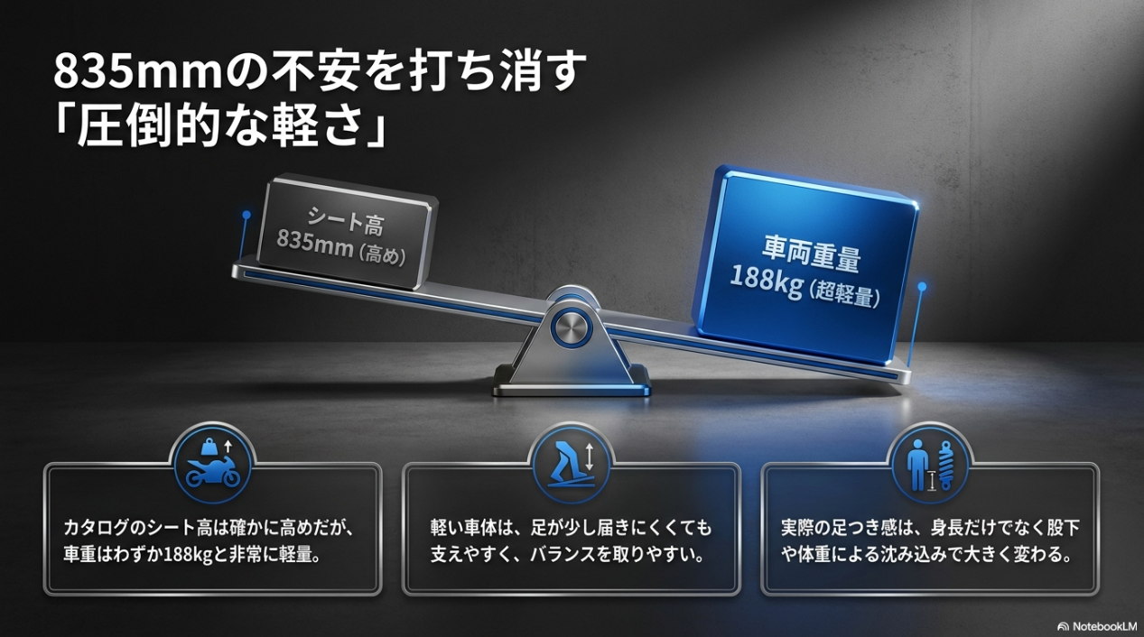 シート高835mmに対し車両重量が188kgと超軽量であることを示す図解
