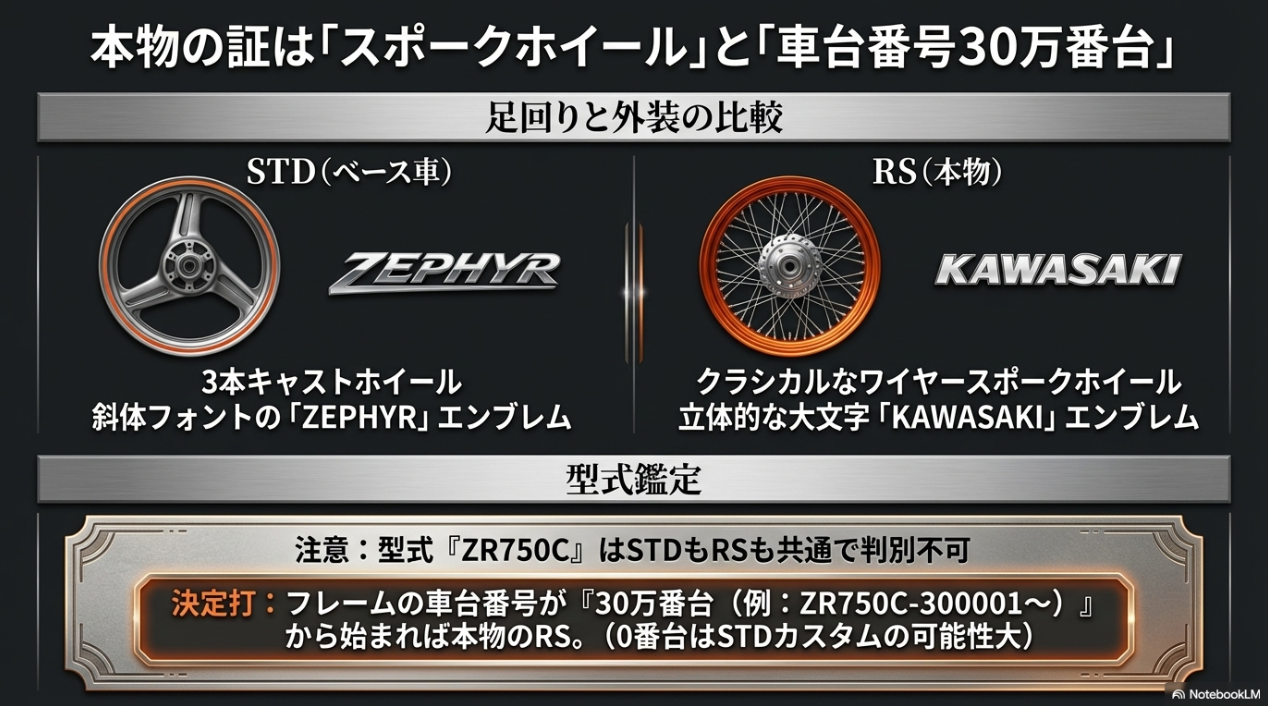 スポークホイールと本物の見分け方 ゼファー 750RSの本物の証であるワイヤースポークホイールと車台番号30万番台、STDモデルとの見分け方