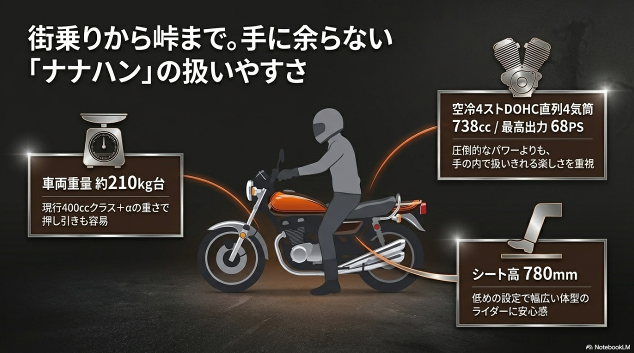 ゼファー 750RSの重量と扱いやすさ ゼファー 750RSの車両重量約210kg台やシート高780mmなど、扱いやすいナナハンのスペック