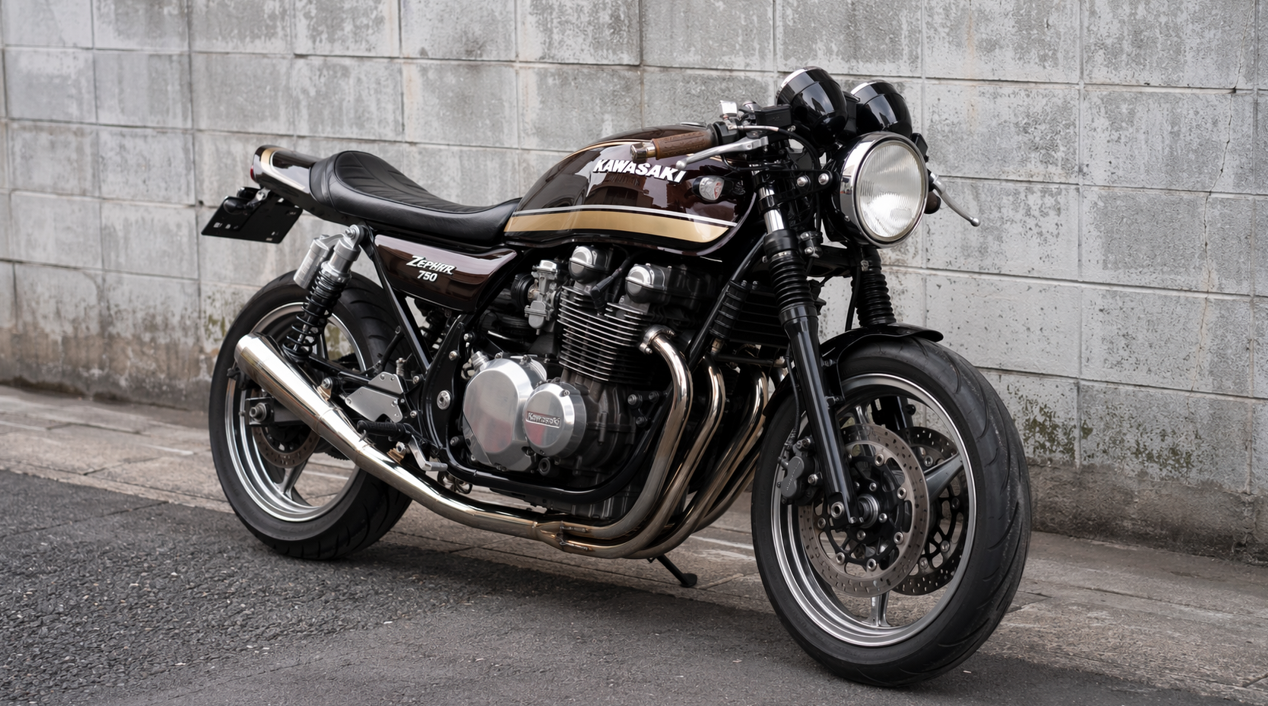 セパハン化されたカフェレーサー仕様のカワサキ・ゼファー750。低いハンドルと前傾姿勢を強調したスタイルで、引き締まったフロントまわりとスリムなシートが特徴。