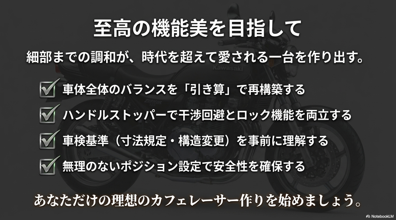 車体全体のバランス再構築や干渉回避、車検基準の理解など、理想のカフェレーサー作りのためのチェックリスト