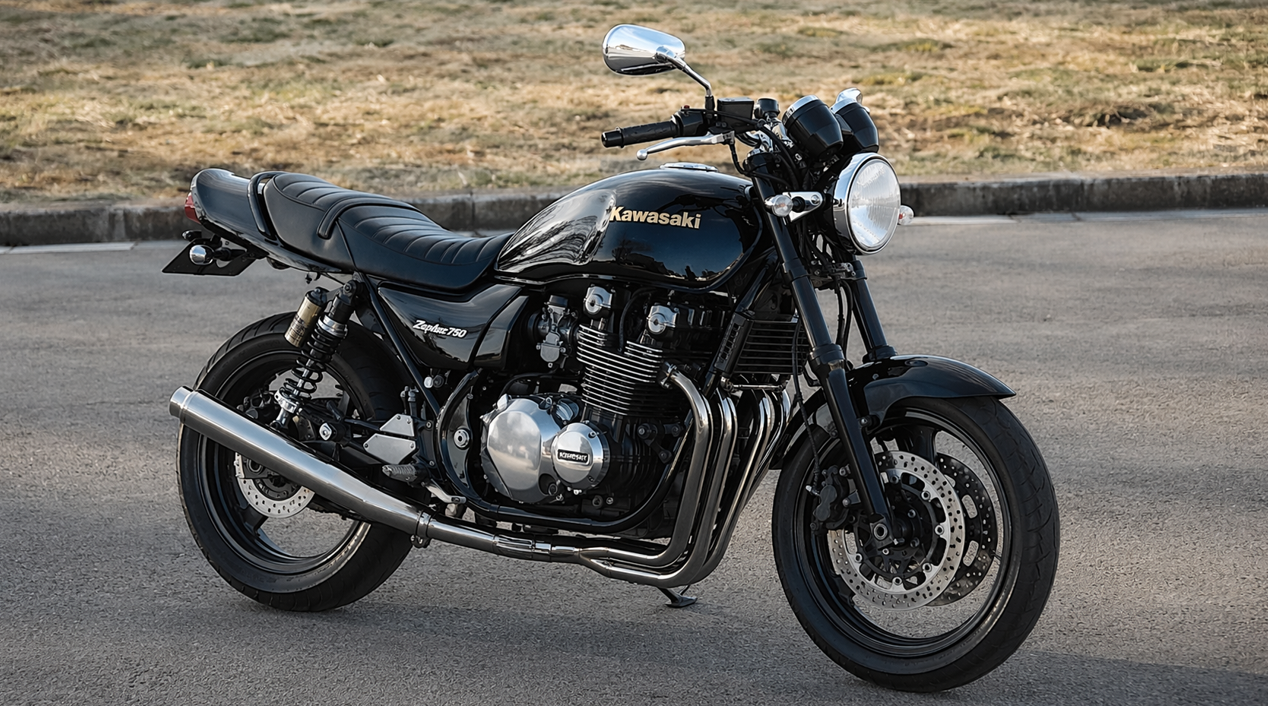 統一感のあるカスタムで仕上げられた黒のカワサキ・ゼファー750。タンクからシート、テールまでのラインが整い、全体のバランスが取れた車体。