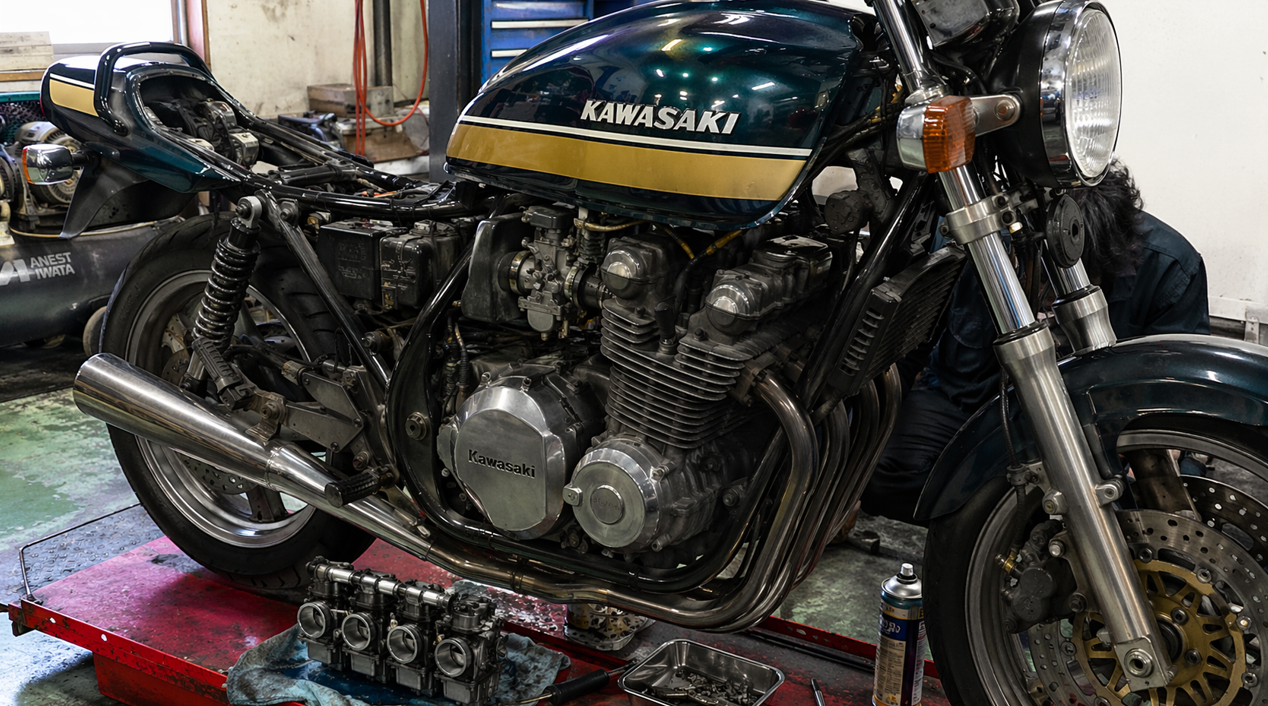 整備工場でキャブレターやエンジンまわりを点検するカワサキ・ゼファー750。取り外したキャブレターが足元に置かれ、不調の原因を探る整備作業の様子が伝わる車体。