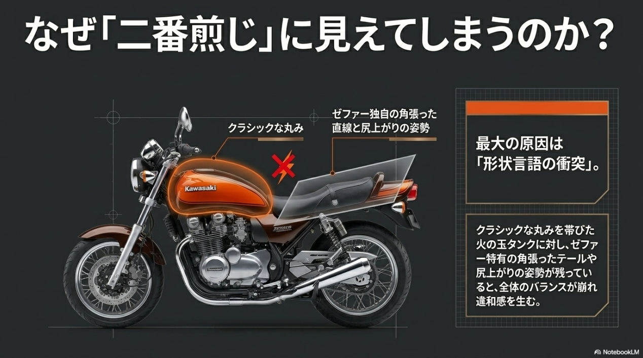 ゼファー750の火の玉カラーが持つ本当の意味とは?単なる塗装カスタムで終わらせないシルエットの成立条件 丸みを帯びた火の玉タンクとゼファー独自の角張ったテールや尻上がり姿勢による形状言語の衝突を示す図解