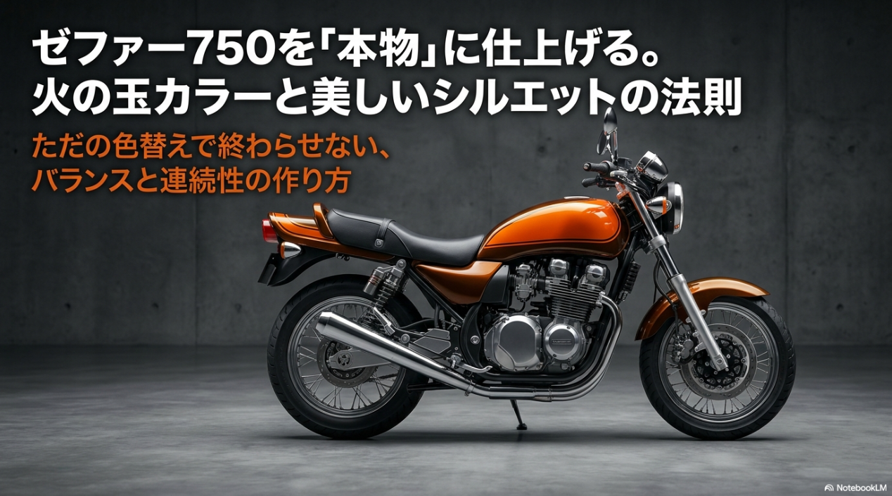 ゼファー750の火の玉カラーが持つ本当の意味とは?単なる塗装カスタムで終わらせないシルエットの成立条件 ゼファー750を本物に仕上げる火の玉カラーと美しいシルエットの法則に関するタイトルスライド