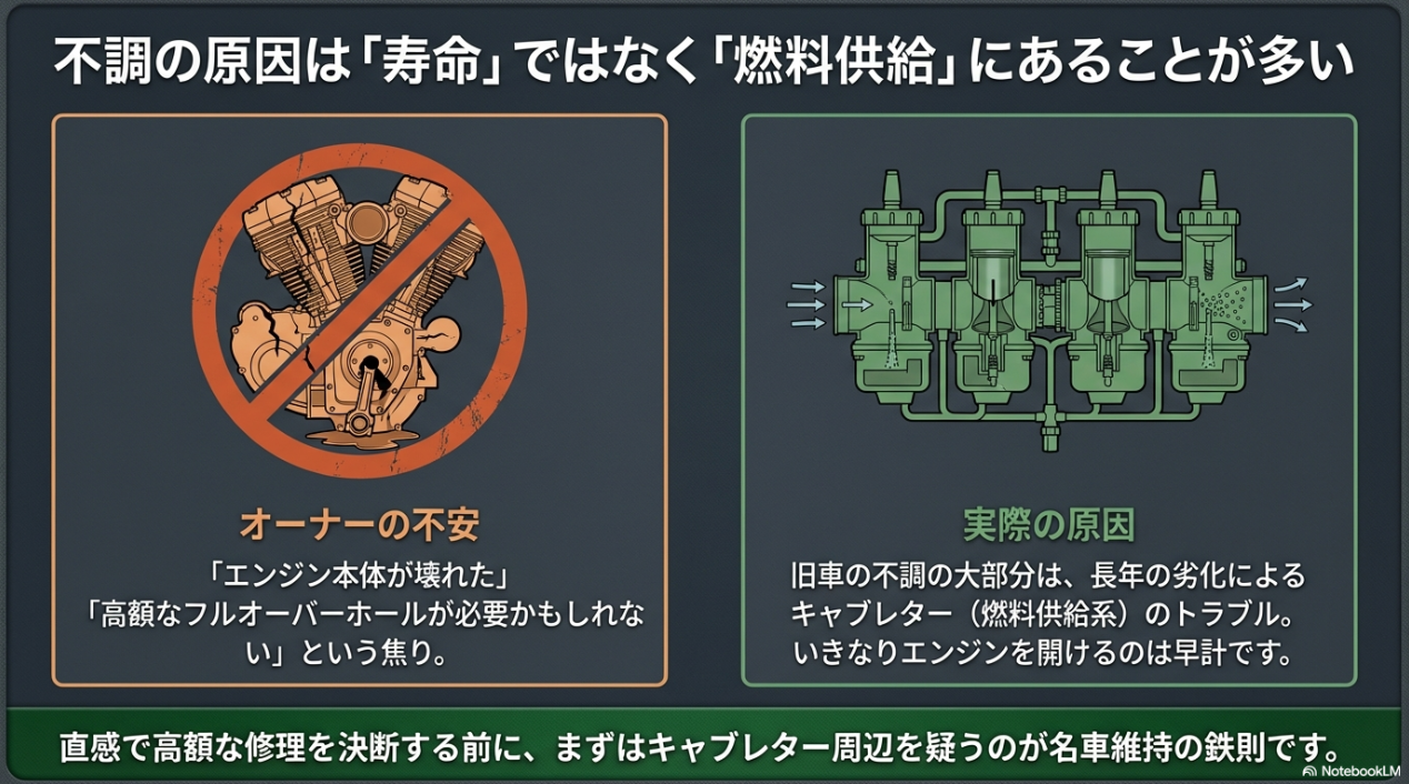 ゼファー750の不調の原因はエンジン寿命ではなくキャブレター等の燃料供給系にあることが多い