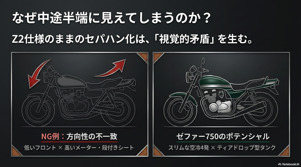 セパハン化のNG例である方向性の不一致と、ゼファー750が持つスリムな空冷4発とティアドロップ型タンクのポテンシャル