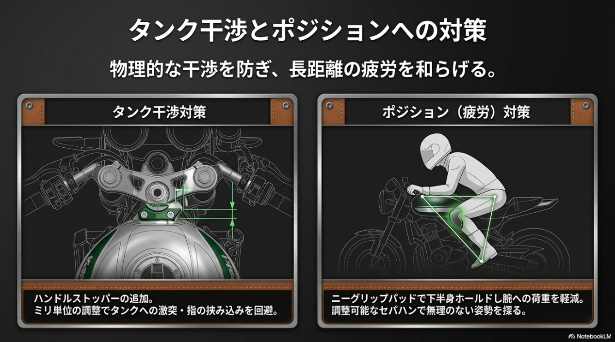 ハンドルストッパーによるタンク干渉対策と、ニーグリップパッドを用いたポジション疲労対策