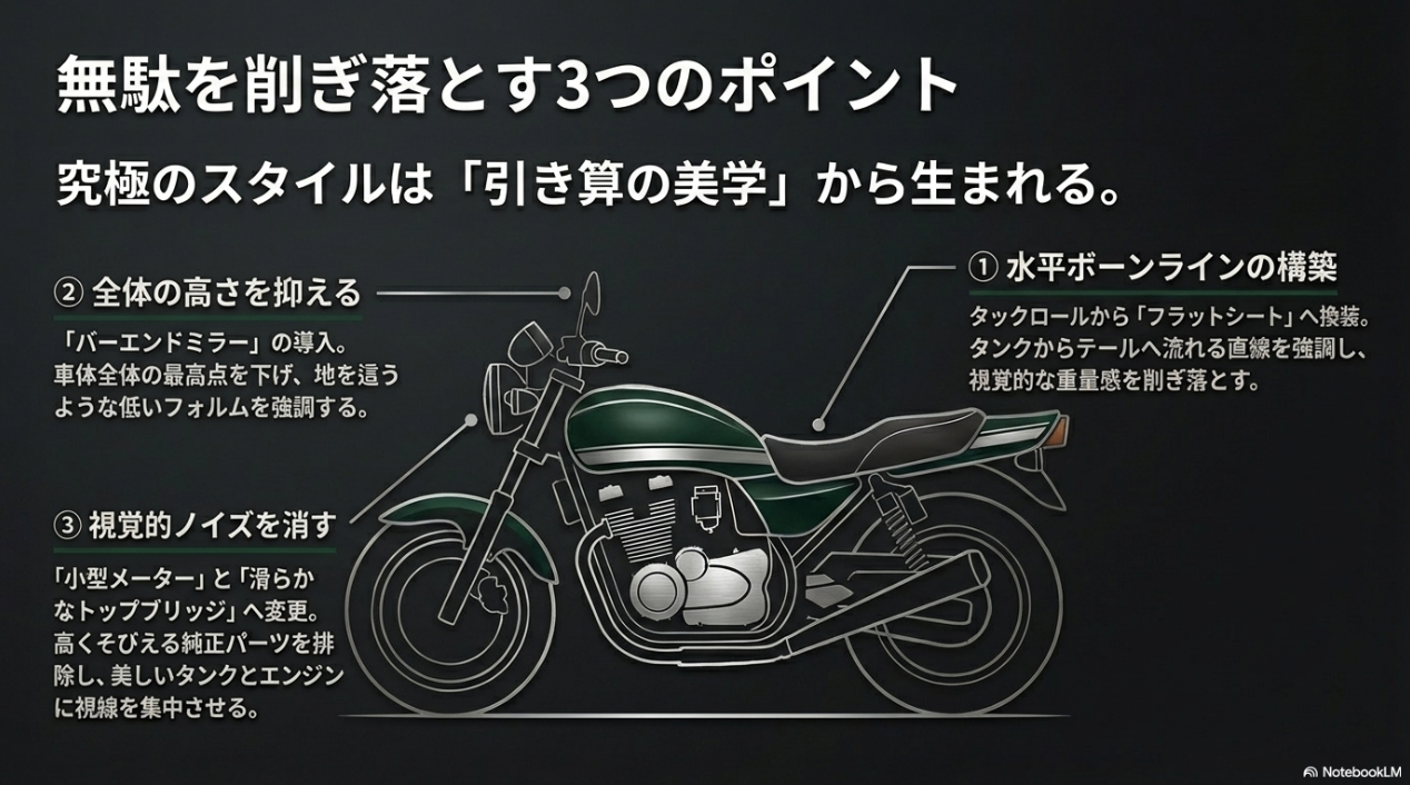 フラットシート、バーエンドミラー、小型メーターへの変更など、無駄を削ぎ落とす3つのポイント