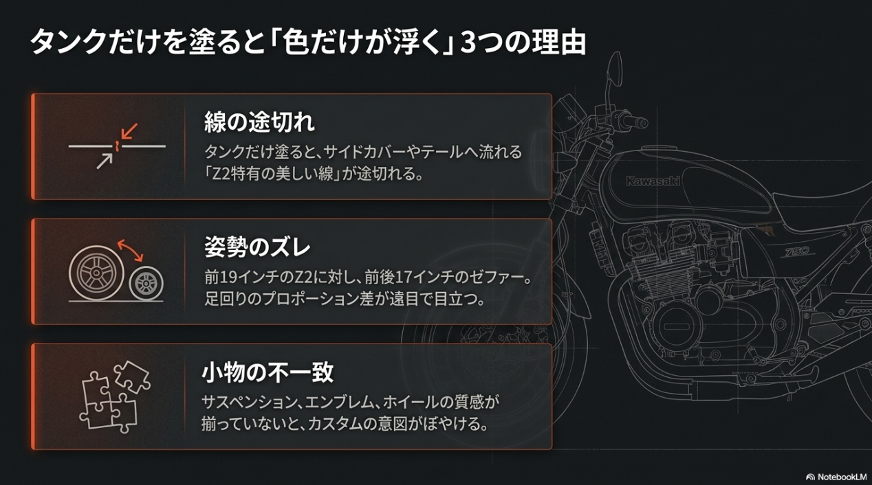 なぜゼファー750のイエローボールは色だけ塗ると浮くのか?純正年式の実態と失敗しない全体バランス ゼファー750でタンクだけ塗装した際に生じる外装の線の途切れや姿勢のズレ、小物の不一致
