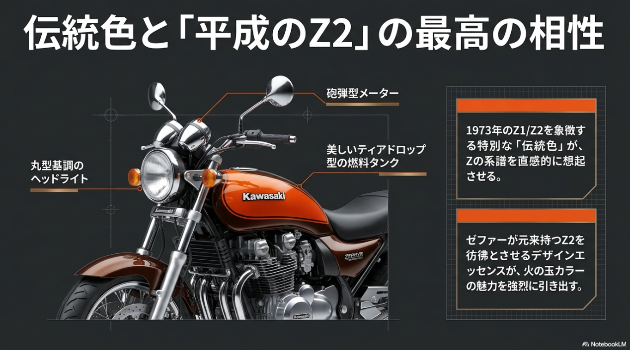 ゼファー750の火の玉カラーが持つ本当の意味とは?単なる塗装カスタムで終わらせないシルエットの成立条件 丸型基調のヘッドライトやティアドロップ型燃料タンクなどゼファー750とZ2デザインの相性の良さを解説した図解