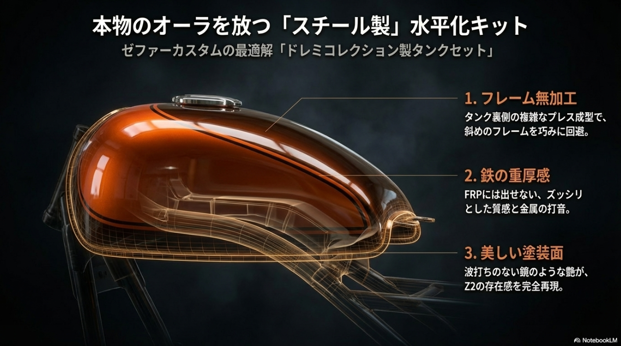 ゼファー750のZ2仕様は本当にダサいのか?違和感の正体「尻上がり」と水平化が魅せる機能美 フレーム無加工で装着でき、鉄の重厚感と波打ちのない美しい塗装面を実現するドレミコレクション製タンクセットの特徴