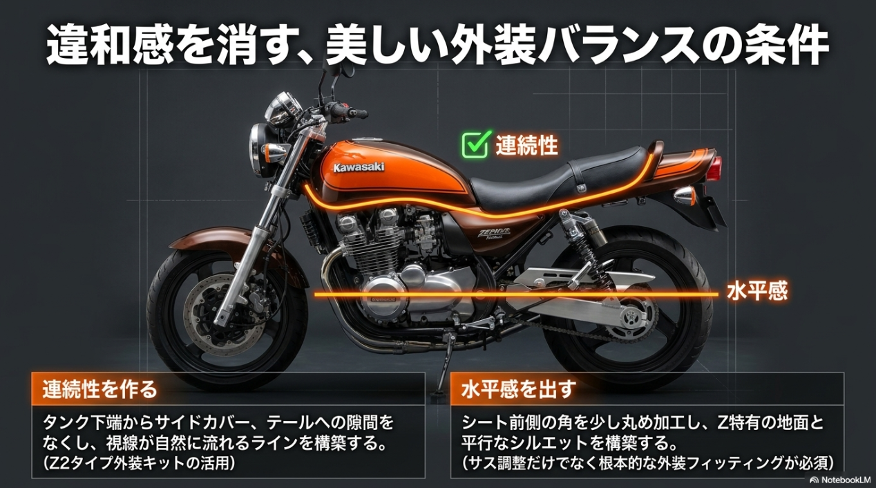 ゼファー750の火の玉カラーが持つ本当の意味とは?単なる塗装カスタムで終わらせないシルエットの成立条件 タンクからテールへの隙間をなくす連続性とシートを丸めて水平感を出す美しい外装バランスの条件