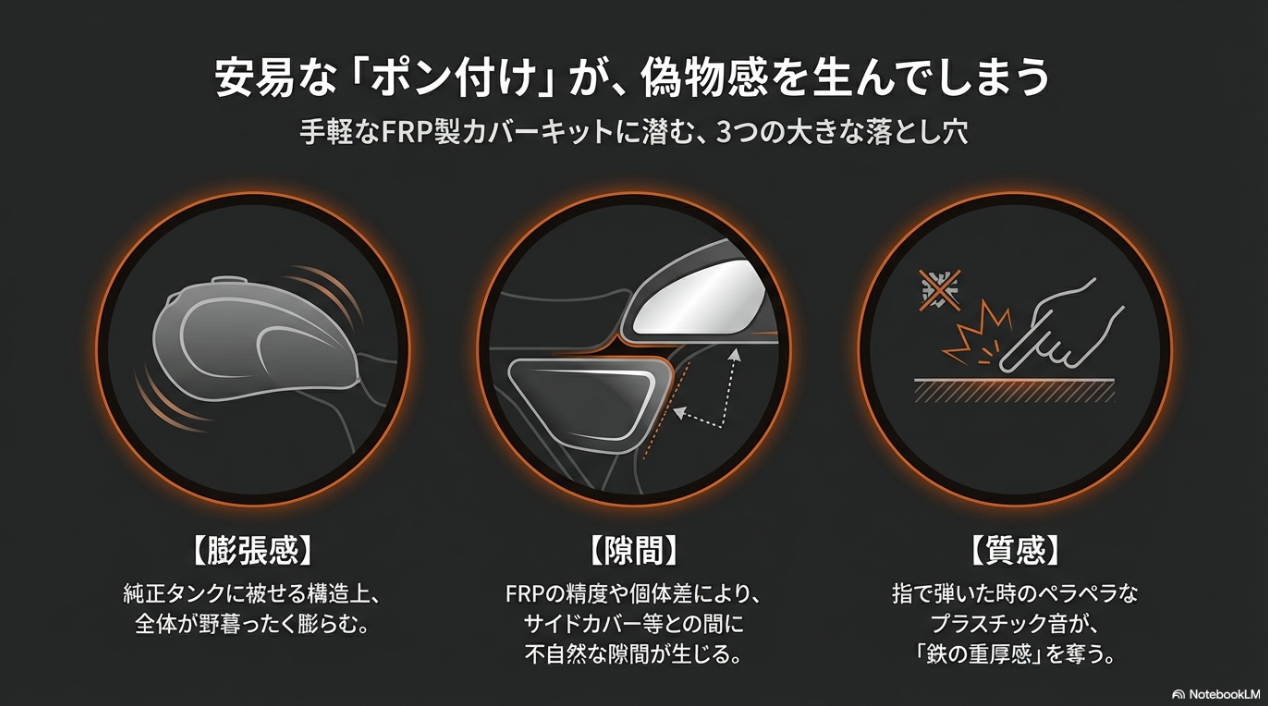 ゼファー750のZ2仕様は本当にダサいのか?違和感の正体「尻上がり」と水平化が魅せる機能美 FRP製カバーキットの落とし穴であるタンクの膨張感、サイドカバーとの不自然な隙間、プラスチックの安っぽい質感を解説する図