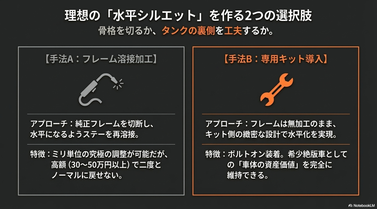 ゼファー750のZ2仕様は本当にダサいのか?違和感の正体「尻上がり」と水平化が魅せる機能美 ミリ単位の調整が可能なフレーム溶接加工と、ボルトオンで資産価値を維持できる専用キット導入という、タンク水平化の2つのアプローチの比較