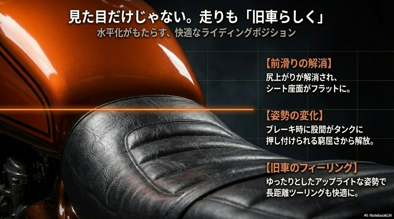 ゼファー750のZ2仕様は本当にダサいのか?違和感の正体「尻上がり」と水平化が魅せる機能美 タンク水平化によりシート座面がフラットになり、前滑りが解消されて旧車らしいゆったりとしたアップライトな乗車姿勢になることの解説