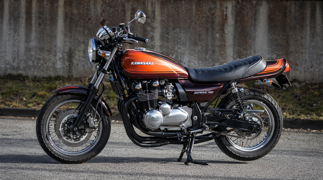 火の玉カラーでZ2仕様にカスタムされたカワサキ・ゼファー750。タンクからシート、テールまでの水平ラインが整い、尻上がり感を抑えたバランスの良い車体。