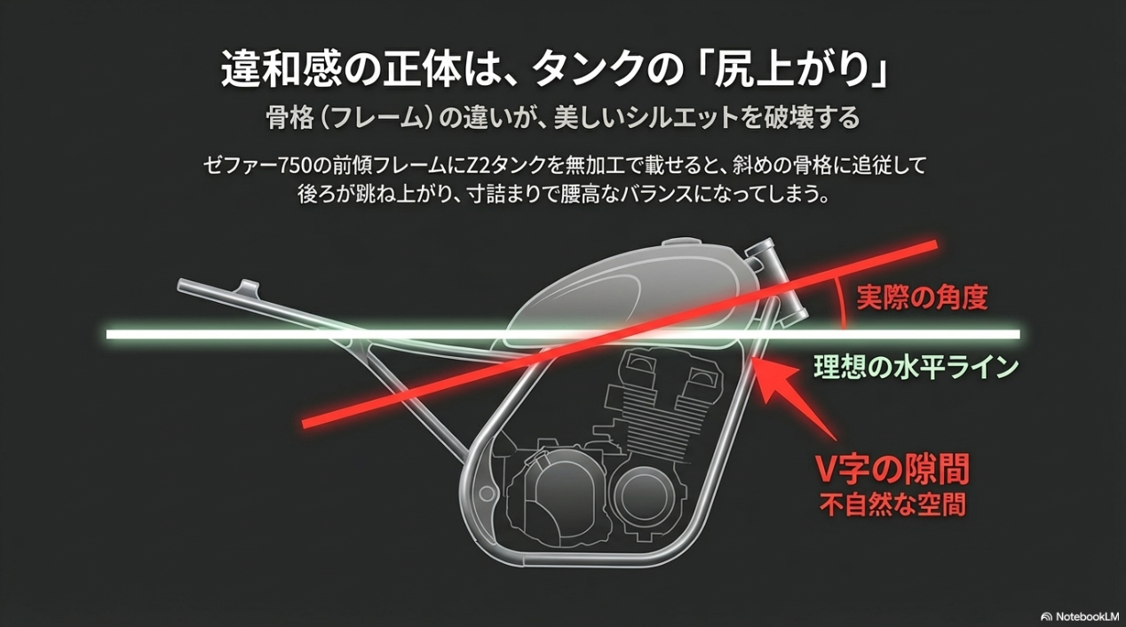 ゼファー750のZ2仕様は本当にダサいのか?違和感の正体「尻上がり」と水平化が魅せる機能美 ゼファー750の前傾フレームにZ2タンクを無加工で載せた際に生じる、尻上がりのシルエットと不自然なV字の隙間を示す図