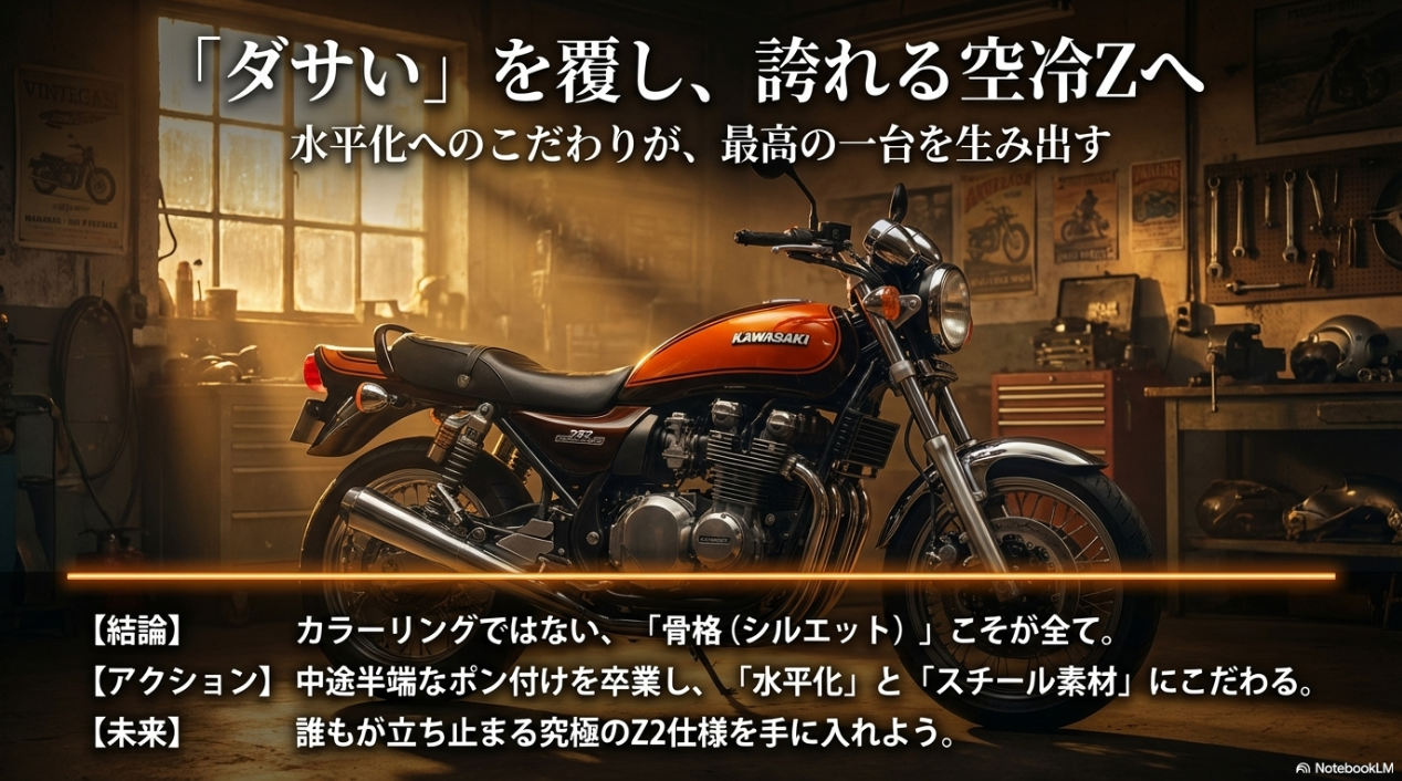 ゼファー750のZ2仕様は本当にダサいのか?違和感の正体「尻上がり」と水平化が魅せる機能美 カラーリングではなく骨格こそが全て。中途半端なポン付けを卒業し、水平化とスチール素材にこだわることで究極のZ2仕様が完成する