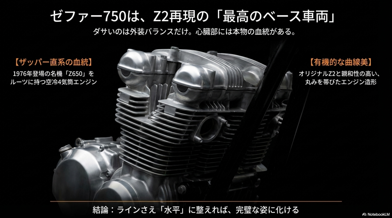 ゼファー750のZ2仕様は本当にダサいのか?違和感の正体「尻上がり」と水平化が魅せる機能美 1976年登場の名機Z650をルーツに持ち、オリジナルZ2と親和性の高いゼファー750の丸みを帯びた美しい空冷4気筒エンジン造形
