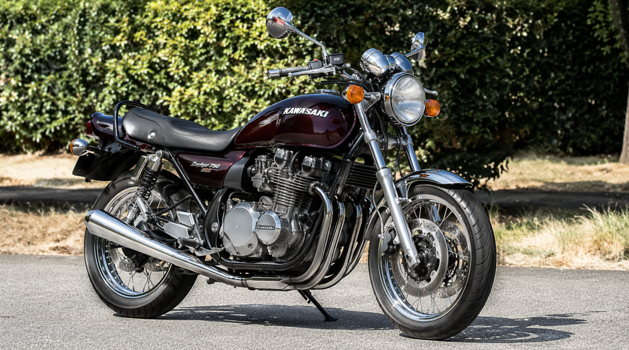 スポークホイールを備えたカワサキ・ゼファー750RS。Z2を想起させるクラシックな外観と空冷4気筒エンジンが特徴で、レトロカスタムのベース車としての魅力が伝わる車体。