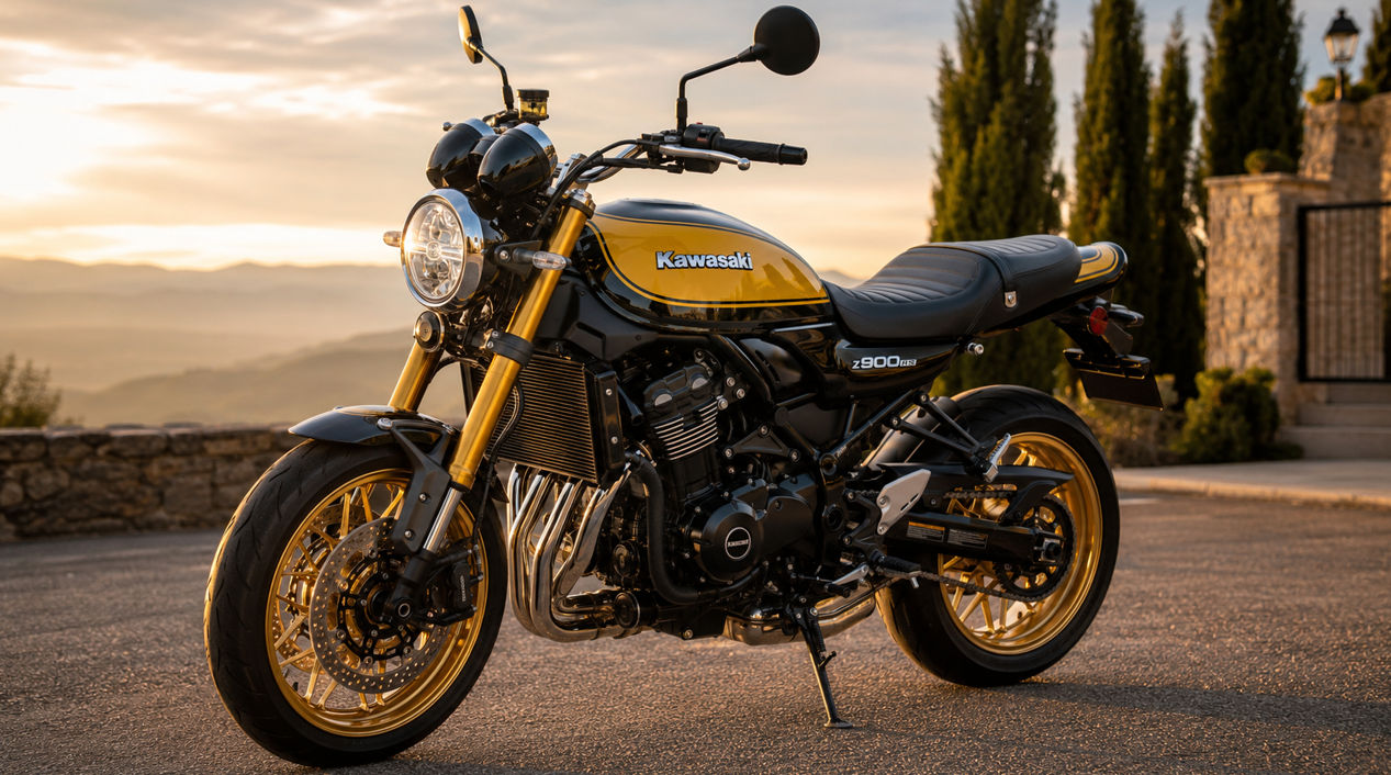 夕暮れの黄金色の光の中、上品な屋外の舗装路に停車したカワサキZ900RS風のバイクを、左向きのフロント斜めから写したリアルなヒーロー画像。丸型ヘッドライト、しずく型タンク、黒と黄色のクラシックなカラーリング、金色のホイール、直列4気筒エンジン、磨かれた金属パーツが強調され、背景には柔らかくぼけた山並みと樹木が見える。