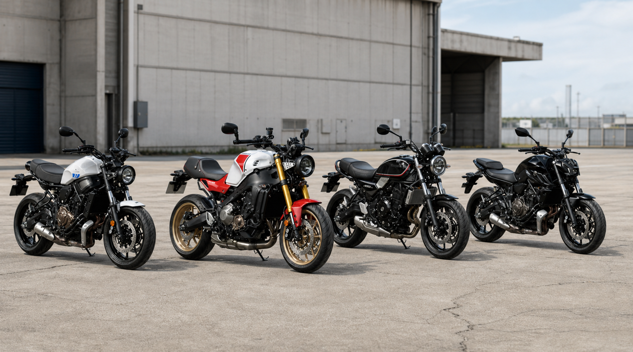開けた工業地帯の舗装スペースに、4台のミドルクラスバイクを横並びで配置した比較用の写真風ビジュアル。左からヤマハXSR700、ヤマハXSR900、カワサキZ650RS、ヤマハMT-07がやや斜め前から見える構図で並び、それぞれのデザインの違いがわかりやすい。XSR700は丸型ヘッドライト、露出フレーム、フラットシートを備えたレトロモダンな存在感で、比較の主役としてやや強調されている。