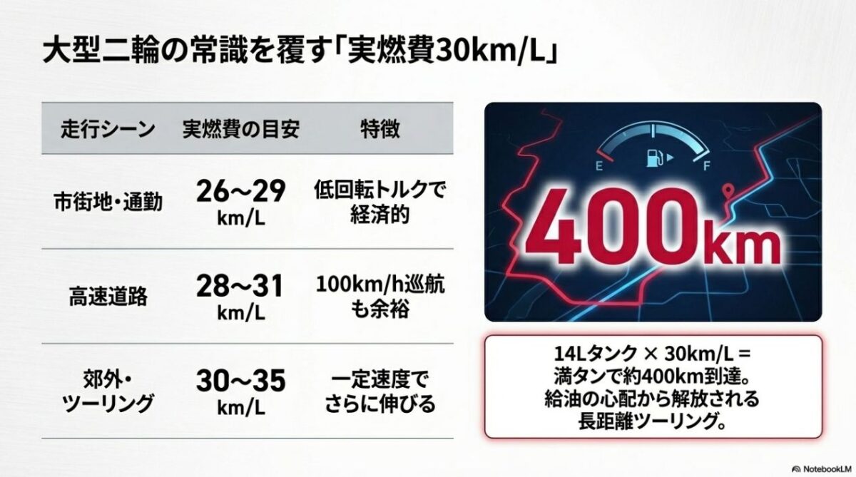 NC750Xの走行シーン別の実燃費目安と、14Lタンクで満タン時400kmの航続距離に到達することを示す図解