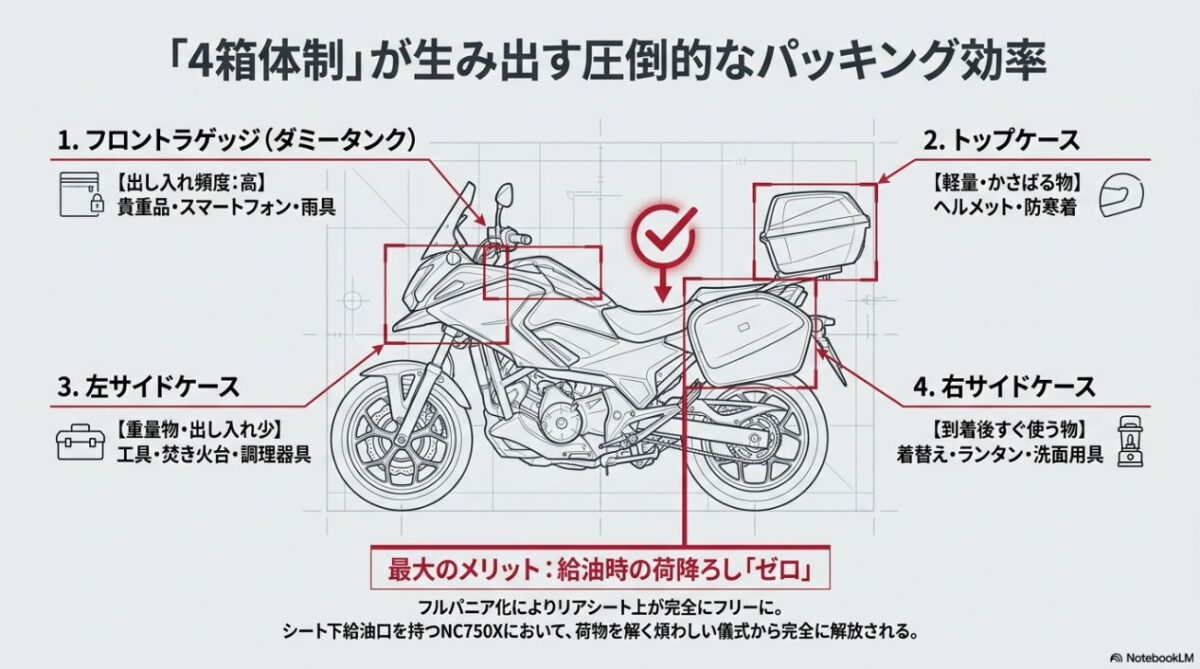 メットインを含む4箱体制でのパッキング効率と用途別の荷物の振り分け例