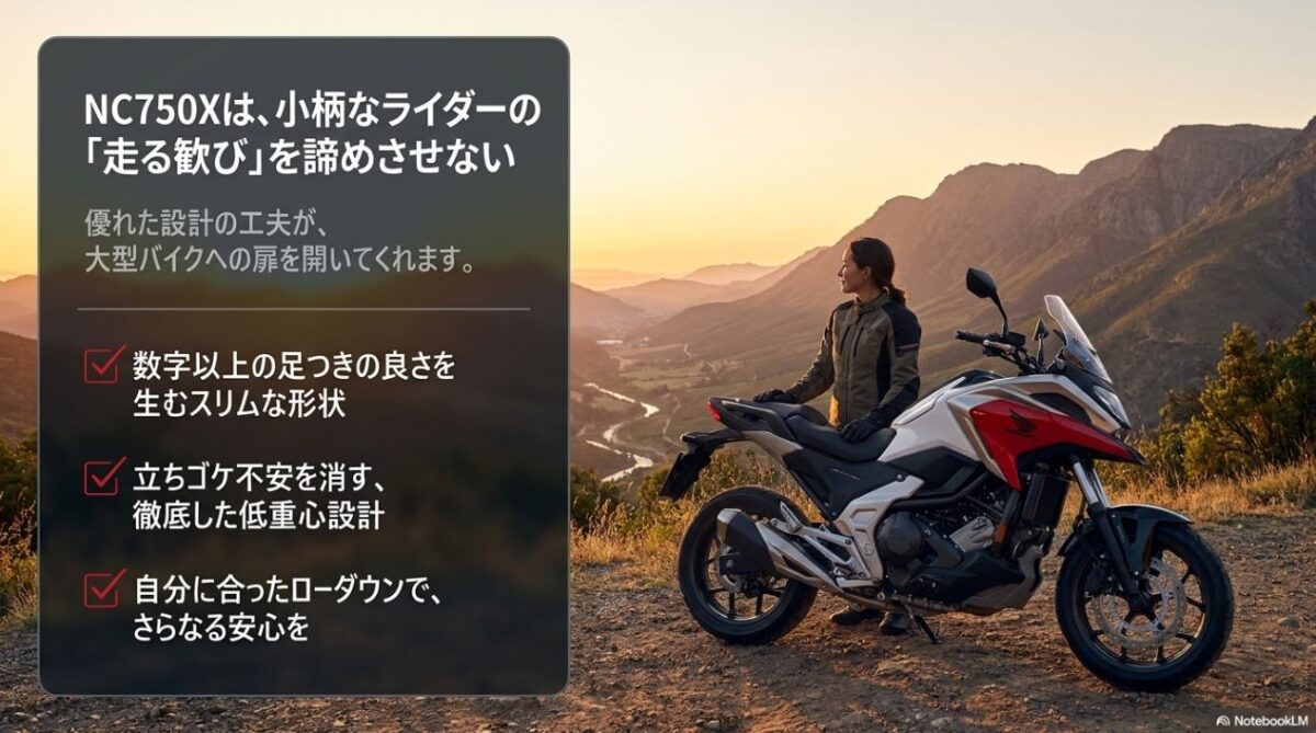 NC750Xは小柄なライダーの走る歓びを諦めさせない。数字以上の足つきの良さと徹底した低重心設計のまとめ