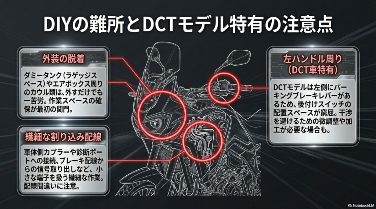 NC750Xのダミータンク周辺の配線やDCT特有の左ハンドル周りなどDIY取り付け時の難所を図解