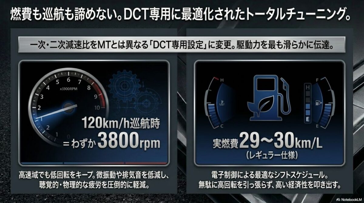 DCTの実燃費と高速巡航性能 実燃費29〜30km/Lと120km/h巡航時3800rpmを両立するDCTのトータルチューニング