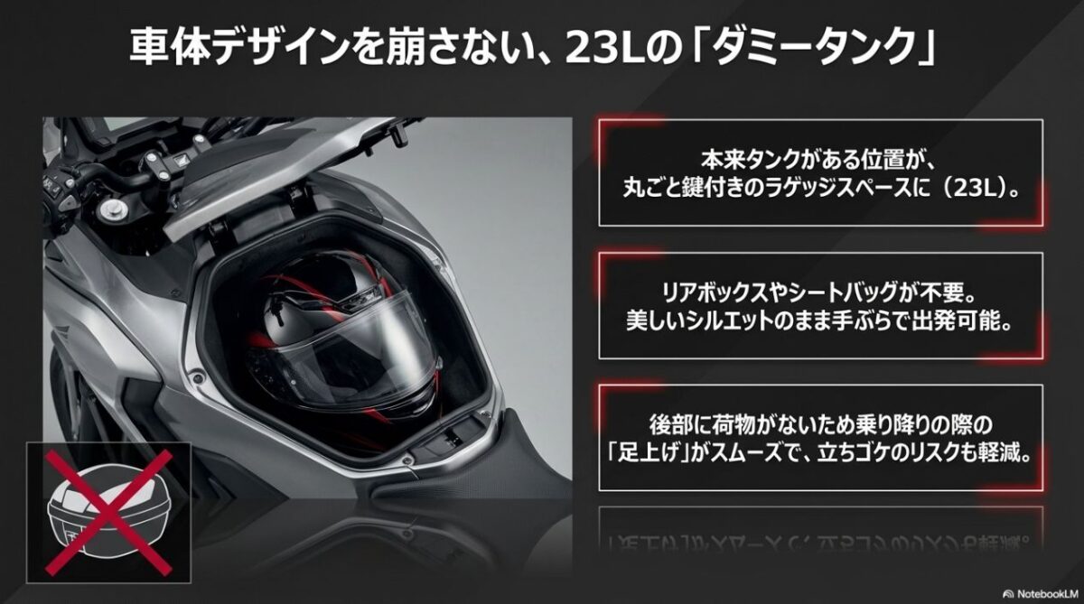 NC750Xの本来タンクがある位置の23Lラゲッジスペースにフルフェイスヘルメットを収納し、リアボックス不要で乗降性が向上することを示す画像