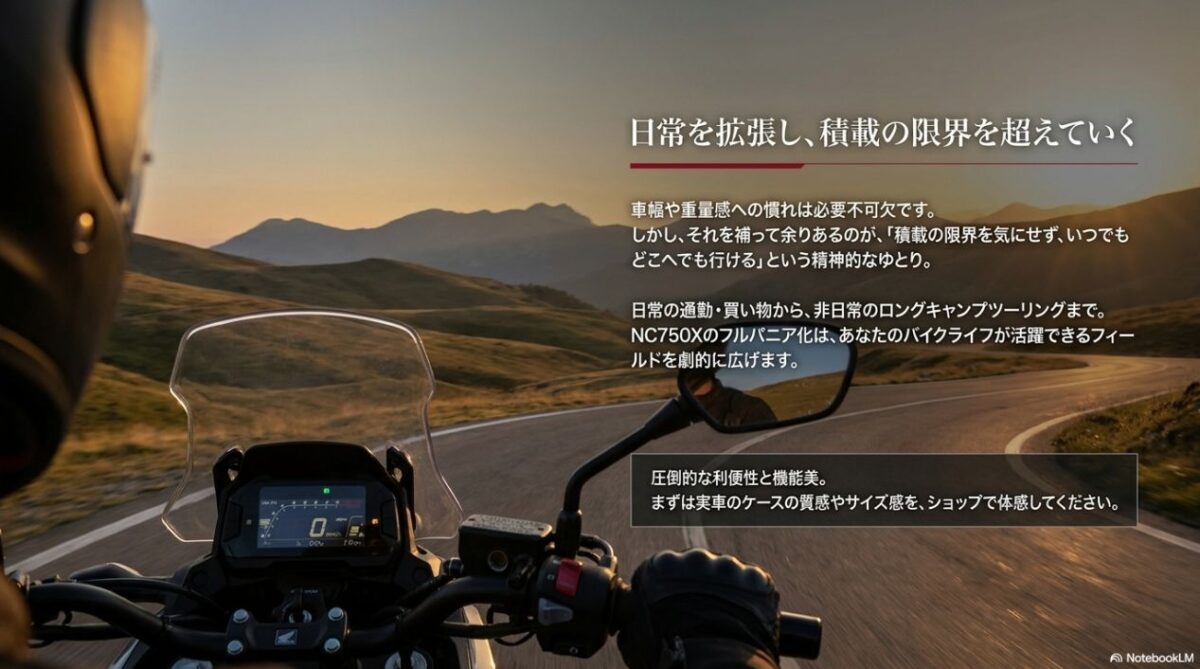 NC750Xのフルパニア化によって通勤からツーリングまで拡張されるバイクライフ
